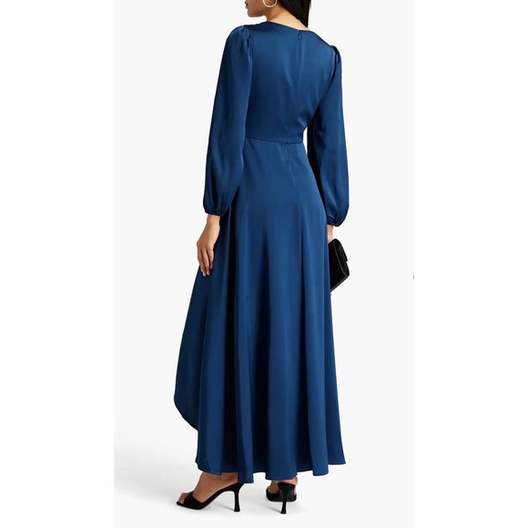 Aidan Mattox Teal Blue Satin V-Neck High-Low Midi Dress Bishop Sleeve Size 14 - Picture 3 of 16